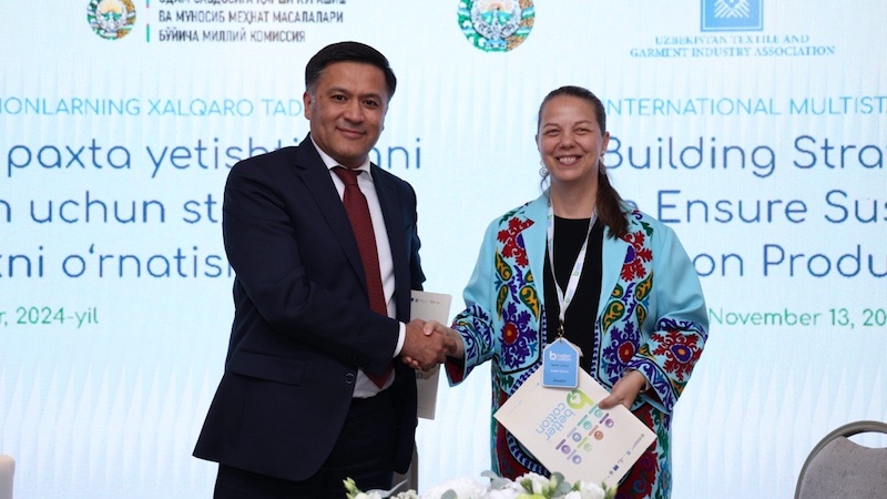 Sodikov Abduvali, Deputy Chairman of the Textile and Garment Industry Association (Uztekstilprom) [left] and Iveta Ouvry, Senior Director of Programmes at Better Cotton [right].© 2024  Better Cotton. Location: Tashkent, Uzbekistan, 2024. Description: