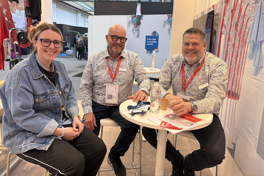 Pictured at Texprocess 2026 are Ellen Flybäck, Sven Sørbo and Jan Johansson. © 2026 Eton 