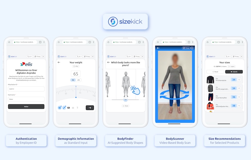 An innovative web application now enables independent, flexible, and digital fitting when selecting workwear. By using Sizekick's AI-based technology, which the start-up developed together with Hohenstein, the textile service provider Elis is offering its customers personalised size recommendations based on individual body measurements for the first time. ©Sizekick