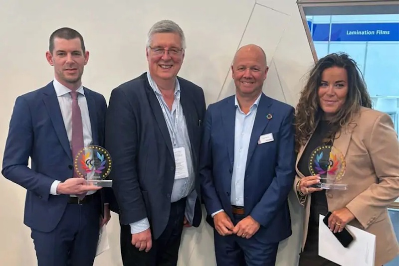 From left – Arjen Evertse; General Manager Sales  Mimaki Europe, Jean Poncet, Vice Chairman of the EDP Association, Marc Verbeem, Product Manager Mimaki Europe and Danna Drion, General Manager Marketing Mimaki Europe © 2024 MIMAKI