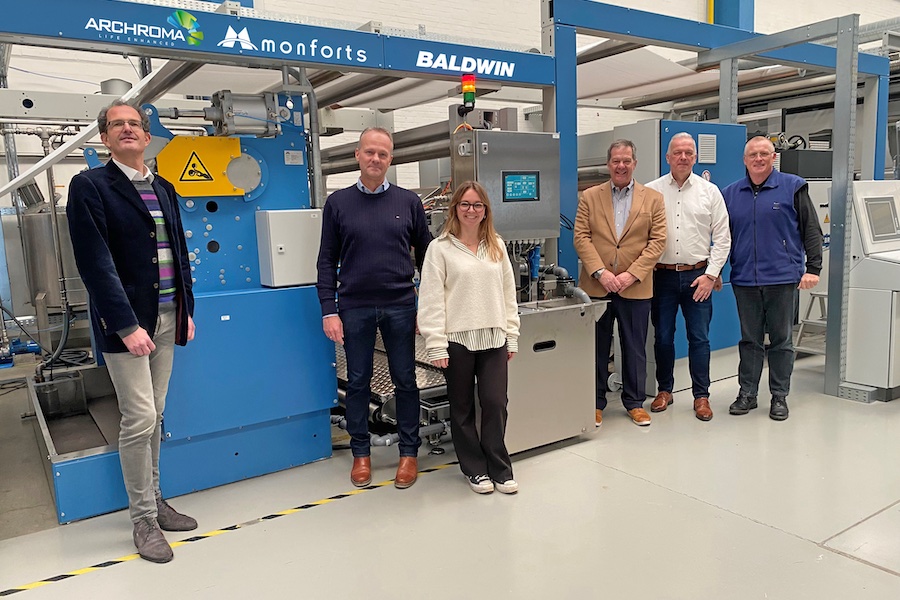 Pictured at the Monforts ATC (left to right) are Archoma’s Global Market Segment Synthetics Expert Mark Dohman and Technical Segment Manager for Coating Dirk Grafen, Monforts Technologist Saskia Kuhlen, Rick Stanford, Michael Schuhmann and Hans Gerhard Wroblowski © 2025 Monforts