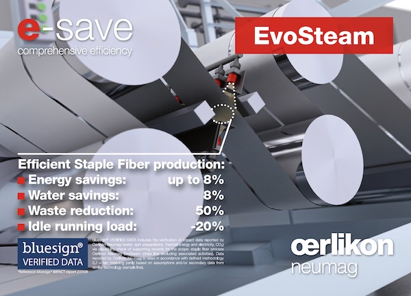 The Oerlikon Neumag EvoSteam staple fiber system was awarded the bluesign® VERIFIED DATA label last year © 2024 Oerlikon