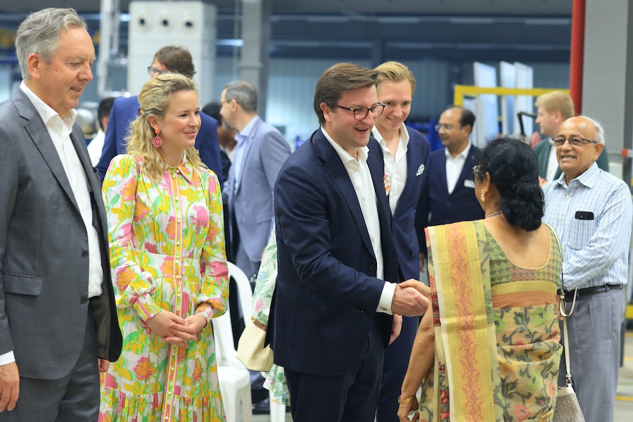 Heinrich Trützschler, Shareholder, Charlotte Fontaine, Shareholder and member of the Supervisory Board and Florian Schürenkrämer, Shareholder and member of the Supervisory Board, welcome guests to the new manufacturing plant in Sanand © 2025 Trützschler Heinrich Trützschler, Shareholder, Charlotte Fontaine, Shareholder and member of the Supervisory Board and Florian Schürenkrämer, Shareholder and member of the Supervisory Board, welcome guests to the new manufacturing plant in Sanand © 2025 Trützschler