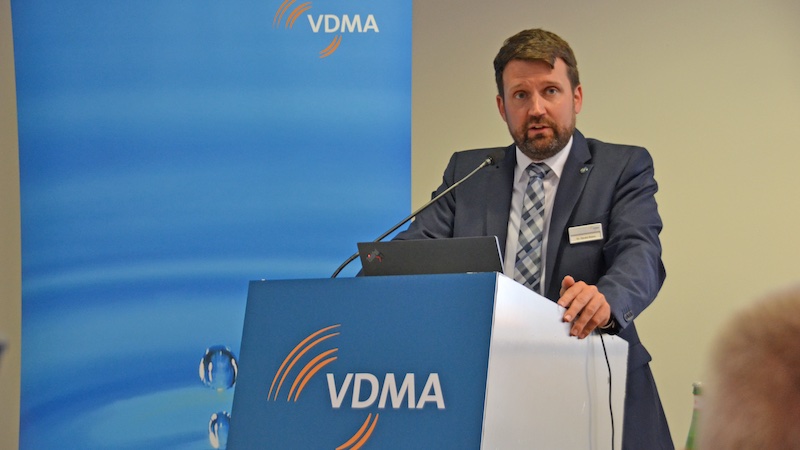 Dr. Harald Weber speaking at the VDMA press conference at ITMA 2023 © 2024 TexData International