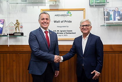 Foreign Minister of Switzerland H.E. Mr. Ignazio Cassis felicitating Mr. Mujtaba Rahim at the inauguration of Foreign Minister of Switzerland H.E. Mr. Ignazio Cassis felicitating Mr. Mujtaba Rahim at the inauguration of