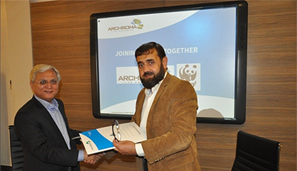 Mujtaba Rahim (left), CEO, Archroma Pakistan Limited, and Zahid Sultan Jadoon, Director Operations, WWF Pakistan, exchanging documents of the Memorandum of Understanding signed between the two organizations at a ceremony held in Karachi. (Photo: Archroma) Mujtaba Rahim (left), CEO, Archroma Pakistan Limited, and Zahid Sultan Jadoon, Director Operations, WWF Pakistan, exchanging documents of the Memorandum of Understanding signed between the two organizations at a ceremony held in Karachi. (Photo: Archroma)