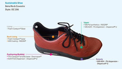 Also this concept shoe for leisure features more sustainable, comfortable and aesthetic material solutions. © Calçados Beira Rio / Covestro Also this concept shoe for leisure features more sustainable, comfortable and aesthetic material solutions. © Calçados Beira Rio / Covestro