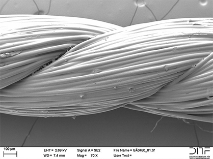 PA6.6-Garn mit Haftvermittler aus HMF (REM-Aufnahme). Foto: DITF