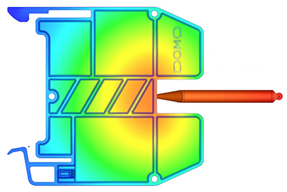 Injection filling simulation performed on electric parts. Injection filling simulation performed on electric parts.