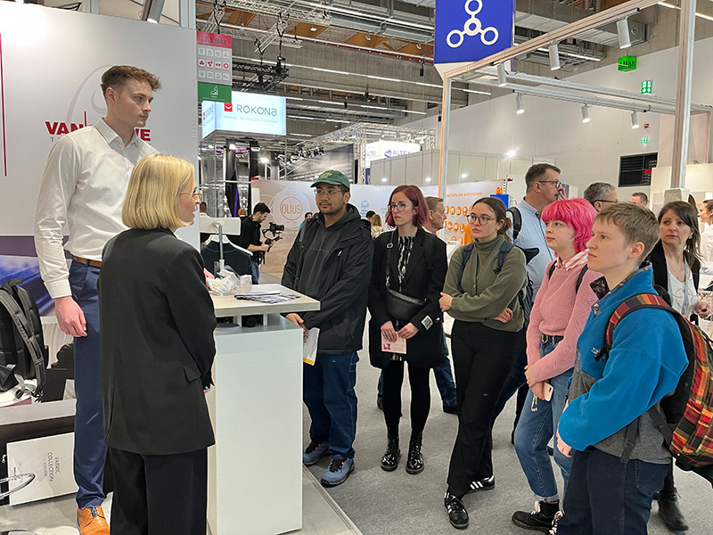 More than 200 students learned about the current Erasmus+ project Addtex at this years Techtextil as well as about the member companies and their products in guided tours of the trade fairs especially for them. Photo: IVGT
