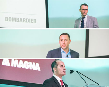 From top to bottom: Martin BIGRAS, Senior Expert Engineer - Composite Materials at Bombardier; Greg BEISER, Director – Future Mobility/Smart Cities at Faurecia; Paul SPADAFORA, Global Vice President of Product Development at Magna Exteriors (c) 2018 JEC From top to bottom: Martin BIGRAS, Senior Expert Engineer - Composite Materials at Bombardier; Greg BEISER, Director – Future Mobility/Smart Cities at Faurecia; Paul SPADAFORA, Global Vice President of Product Development at Magna Exteriors (c) 2018 JEC