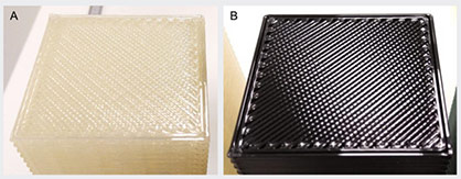 The part (A) printed with clear ingeo 3D700 shows fewer gaps on the top solid fill layers and between perimeters in comparison to the general-purpose PLA grade part (B) in black © 2021 MCPP The part (A) printed with clear ingeo 3D700 shows fewer gaps on the top solid fill layers and between perimeters in comparison to the general-purpose PLA grade part (B) in black © 2021 MCPP
