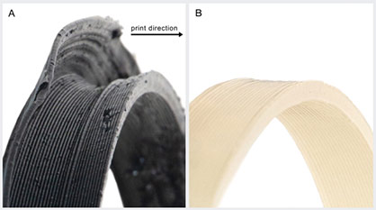 Part (A) black printed with polypropylene shows notable warpage in the side wall compared with the same part (B) printed with clear ingeo 3D700 even when prinzt conditions were optimized for each material © 2021 Dyze Design Part (A) black printed with polypropylene shows notable warpage in the side wall compared with the same part (B) printed with clear ingeo 3D700 even when prinzt conditions were optimized for each material © 2021 Dyze Design