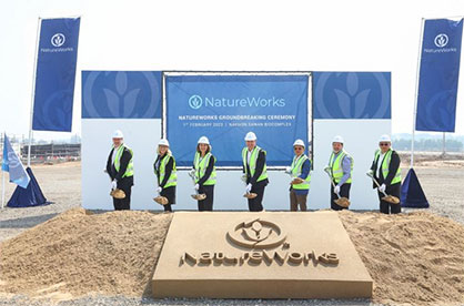 NatureWorks hosted a ceremonial groundbreaking for their new fully integrated Ingeo(TM) PLA manufacturing complex in Thailand that mirrored the ceremony held in Blair, Nebraska, USA in 2000 when NatureWorks began construction on the world´s first commercial scale PLA manufacturing facility. From left to right: Bill Suehr, Chief Operating Officer, NatureWorks; Carmen Volkhart, Chief Finacial Officer, NatureWorks; Colleen May, President, Cargill Bioindustrial Group & NatureWorks Board of Directors; Rich Altice, President and CEO, NatureWorks; Dr. Kongkrapan Intarajang, Chief Executive Officer, PTT Global Chemical Public Company Ltd.; Steve Bray, Vice President of Operations, NatureWorks; Khun Sippakorn Rattanaphun, Assistant Plant Manager, Nature Works © 2023 NatureWorks